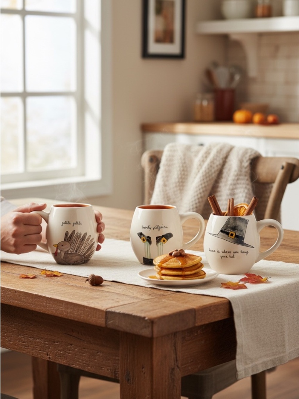 Rae Dunn Ceramic Thanksgiving Turkey/Pilgrim Legs, & Pilgrim Hat Mugs - Set of 6